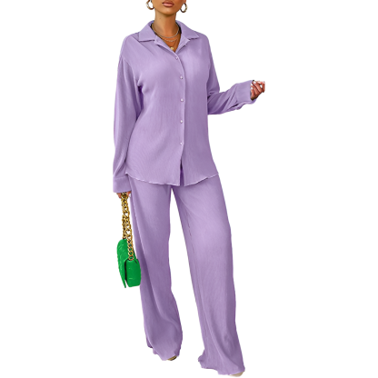 2 Piece Button Down Shirt And Pleated Pants Set For Women
