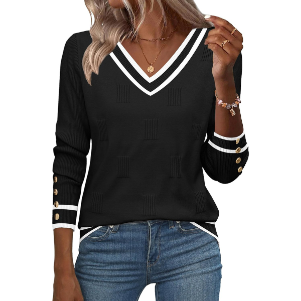 V Neck Sweaters Shirts Long Sleeve Lightweight Ribbed Knit Pullover Sweater Blouse Tops with Buttons Oufits