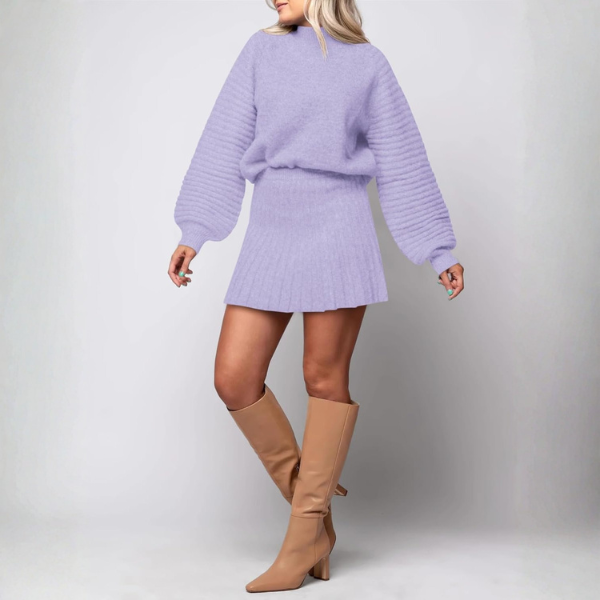 2 Piece Ribbed Knit Puff Sleeve Sweater Top And Mini Skirt Outfit Set