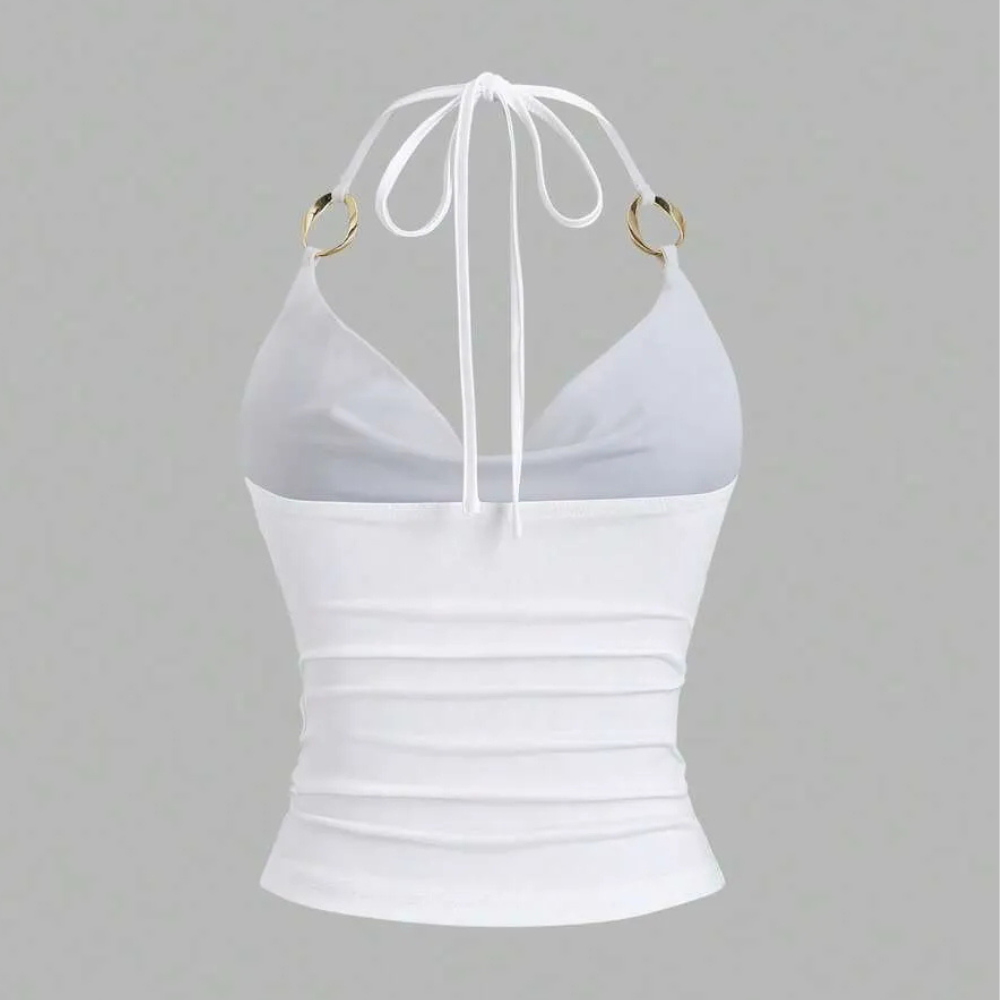 Ring Decor Draped Neck Tie Strap Tank Top