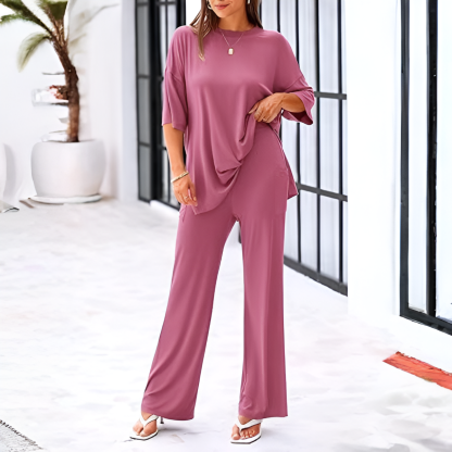 2 Piece Summer Lounge Set With Short Sleeve Top And Pants For Women