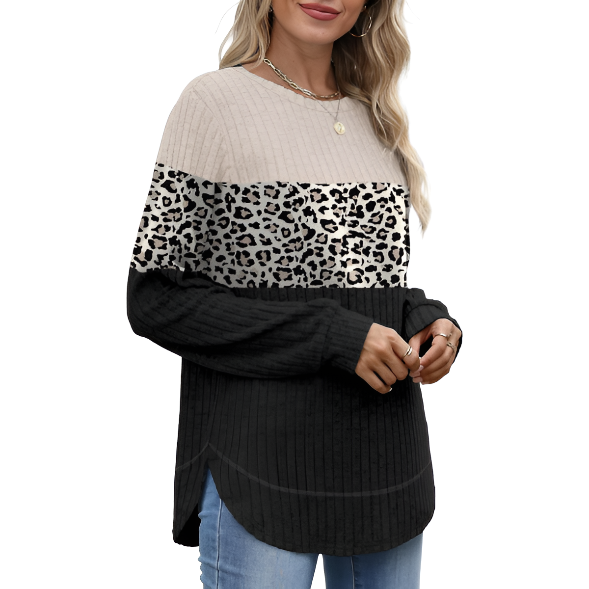 Tunic Tops for Women Loose Fit Dressy Long Sleeve Shirts Womens Sweaters Crew Neck Fall Clothing with Curved Hem