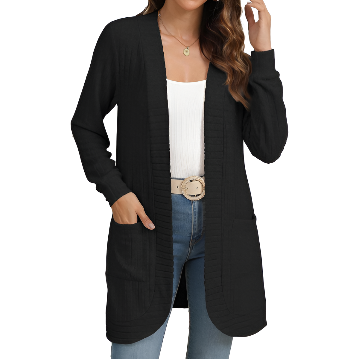 Women Long Sleeve Open Front Cardigan Casual Lightweight Long Cardigans Loose Knit Outwear with Pockets