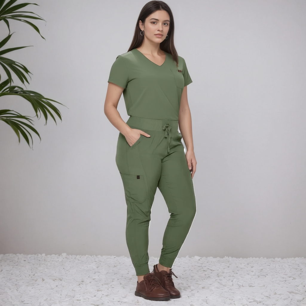 Women Stretchy Jogger Scrub Set With Tuck In Top