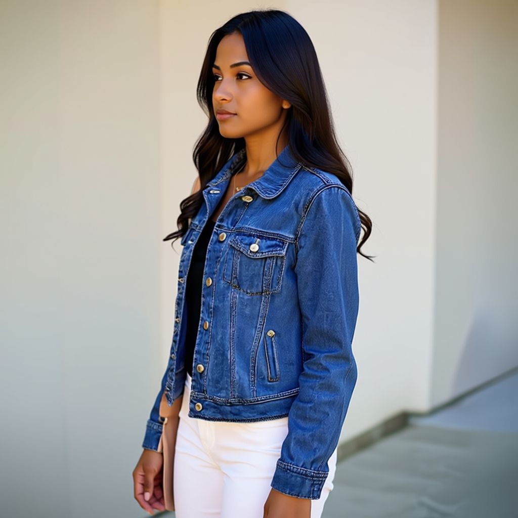 Stretch Fitted Denim Jacket with Long Sleeves