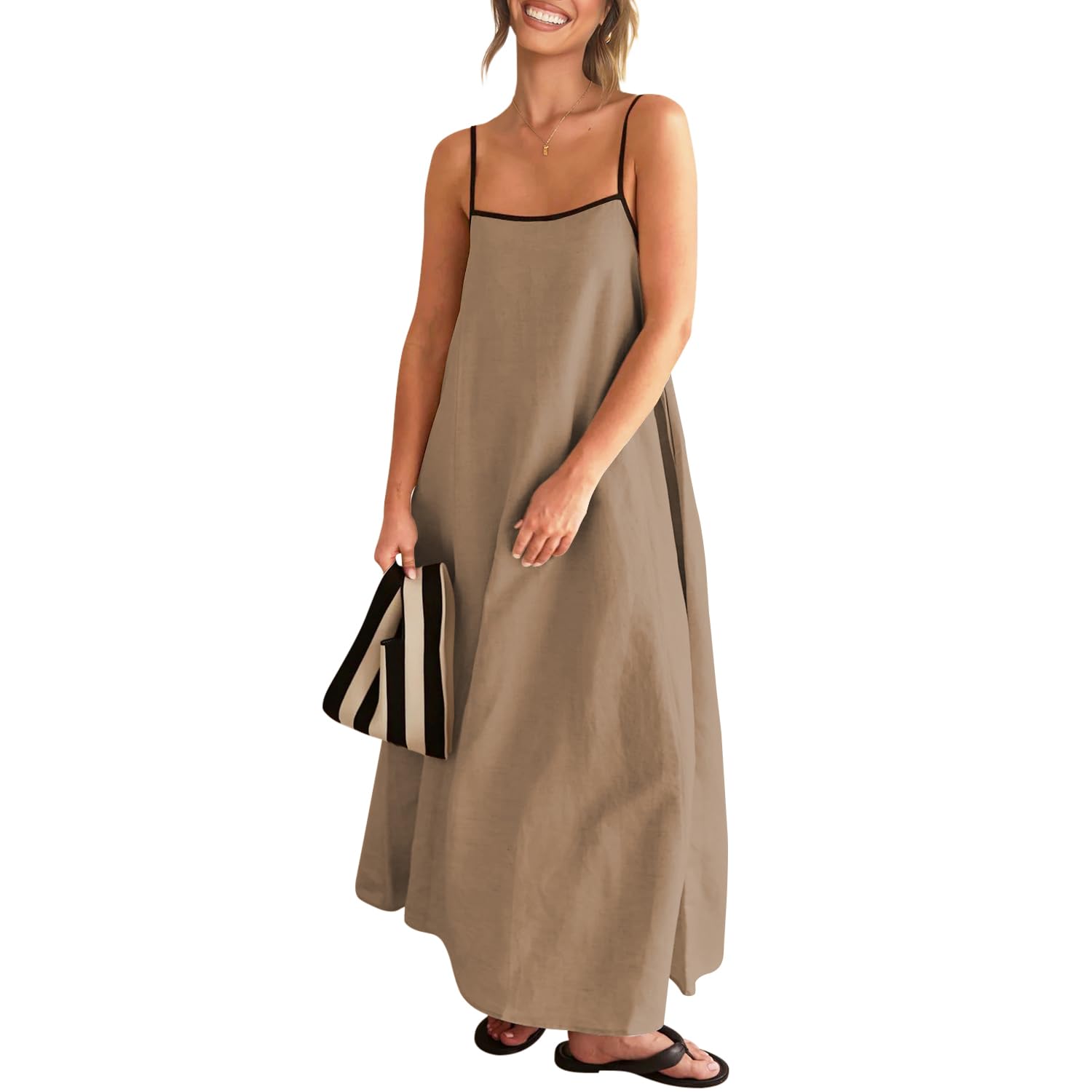 Contrast Spaghetti Strap Summer Backless Maxi Dress