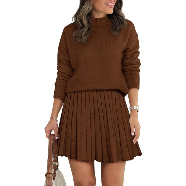 Women's Two Piece Outfits Turtleneck Long Sleeve Ribbed Knit Tops Pleated Mini Skirt 2026 Casual Sweater Sets