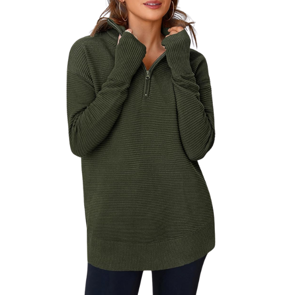Womens Long Sleeve Quarter Zip Pullover Sweater Casual Loose V Neck Collared Ribbed Knit Jumper Tops Thumb Hole