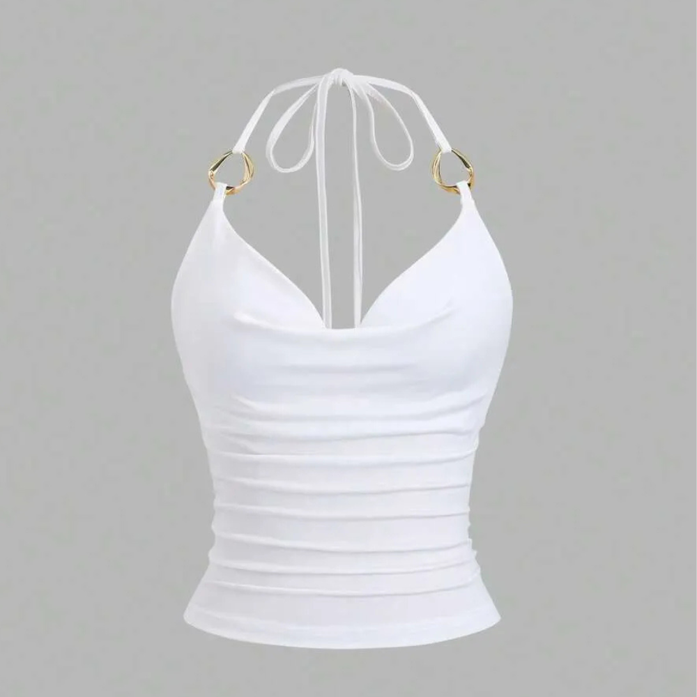 Ring Decor Draped Neck Tie Strap Tank Top