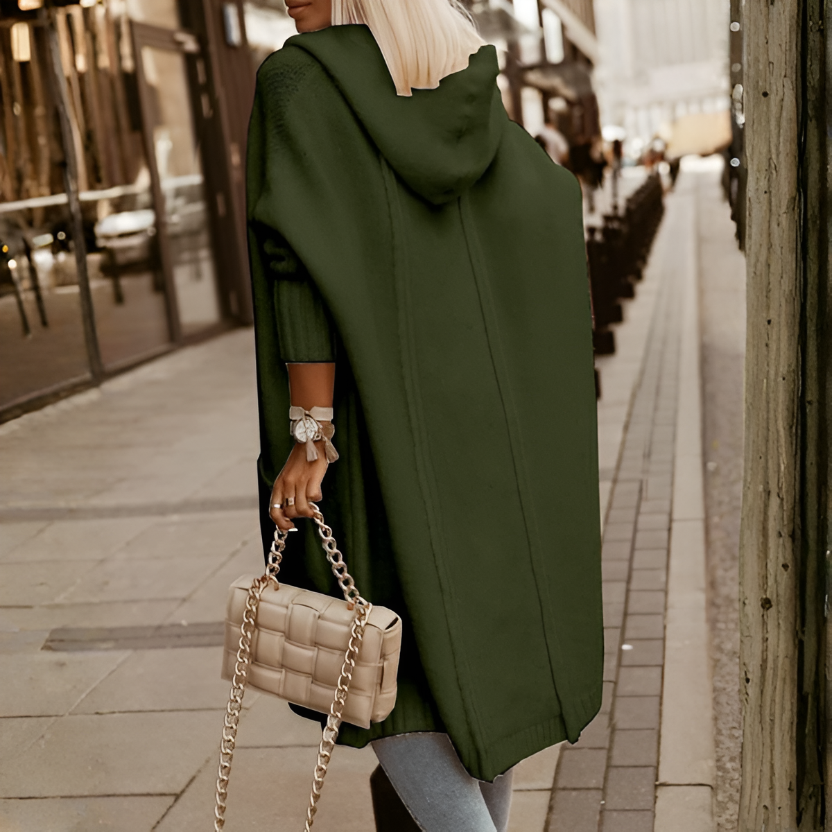 Long Knitted Hooded Cardigan With Open Front  For Women