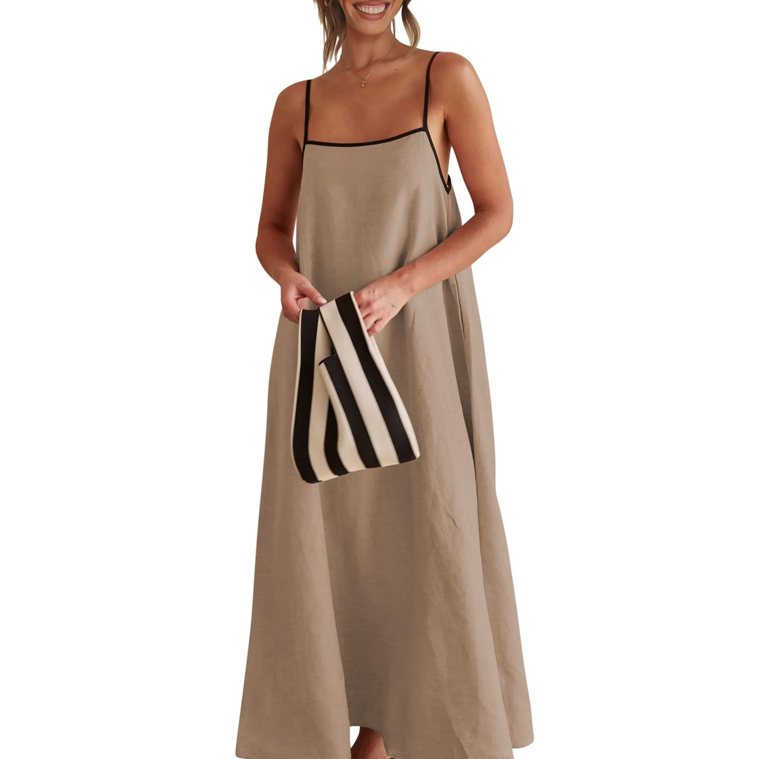 Contrast Spaghetti Strap Summer Backless Maxi Dress