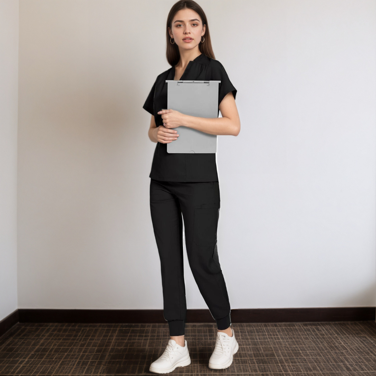 Women’s V Patterned Scrub Top And Jogger Pants Set