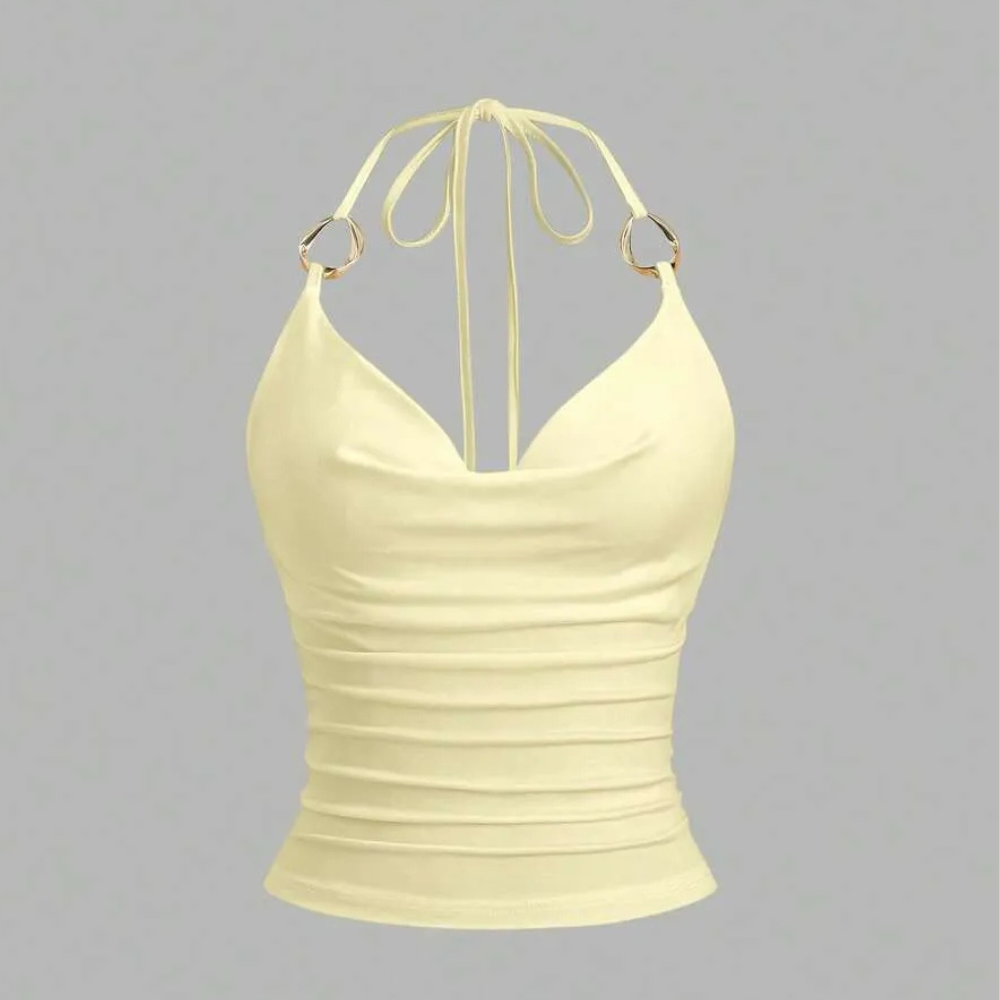 Ring Decor Draped Neck Tie Strap Tank Top