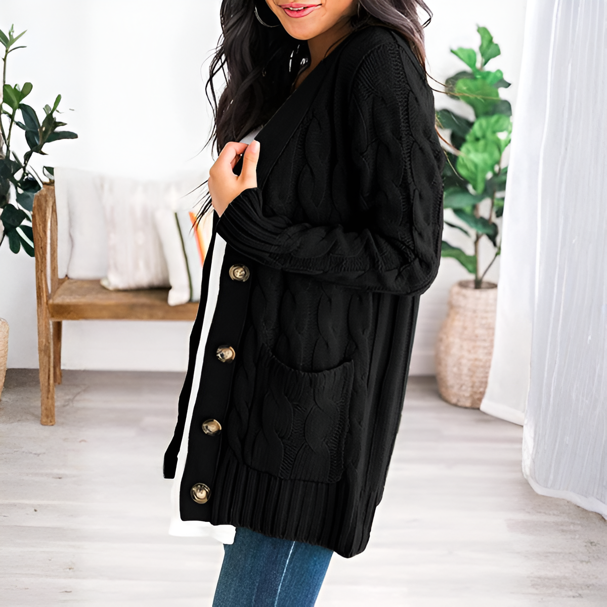 Cable Knit Button Front Open Cardigan