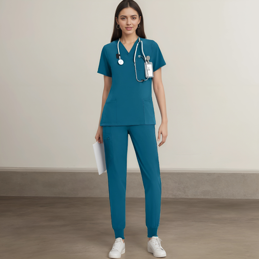 Stretchy V Designed Scrubs Top And Yoga Jogger Pants For Women