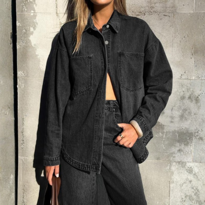 Casual Denim Shirt With Front Button Closure And Dual Pockets For Women