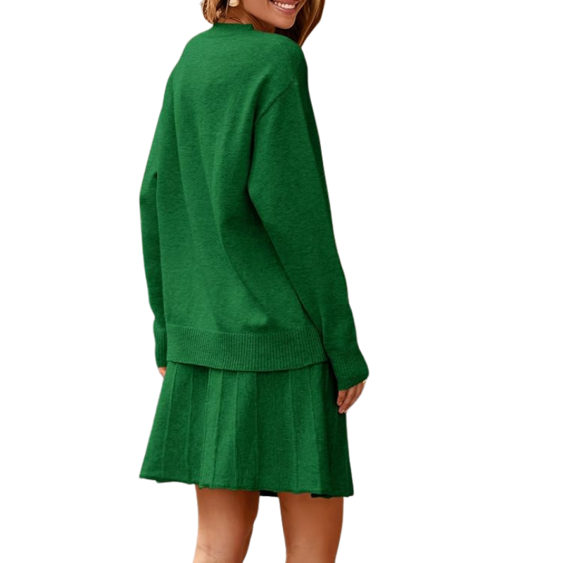 Womens Skirt 2 Piece Sweater Set Long Sleeve Crewneck Sweaters Pleated Mini Skirt Knit Lounge Sets