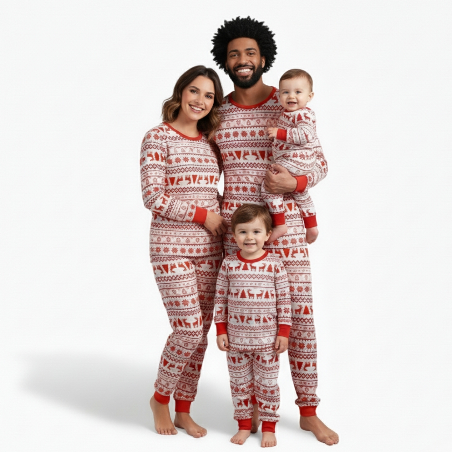 Geometric Reindeer And Tree Pattern Family Matching Christmas Pajama Set