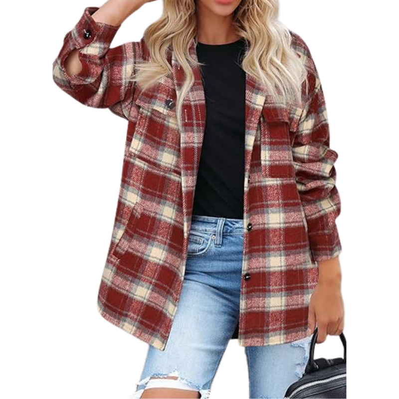 Women’s Plaid Flannel Shacket – Cozy Long Sleeve Button Down Shirt Jacket with Pockets for Fall
