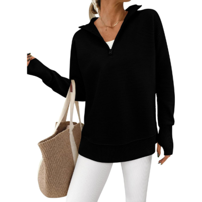Womens Long Sleeve Quarter Zip Pullover Sweater Casual Loose V Neck Collared Ribbed Knit Jumper Tops Thumb Hole