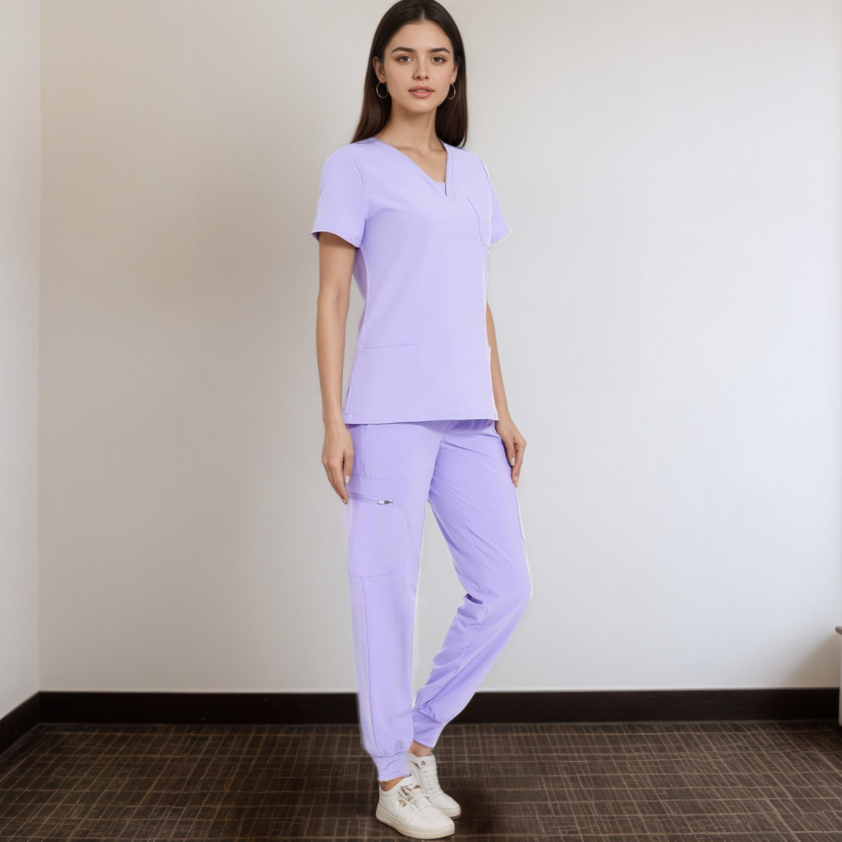 Women V Neck Top And Cargo Pants Scrubs Set