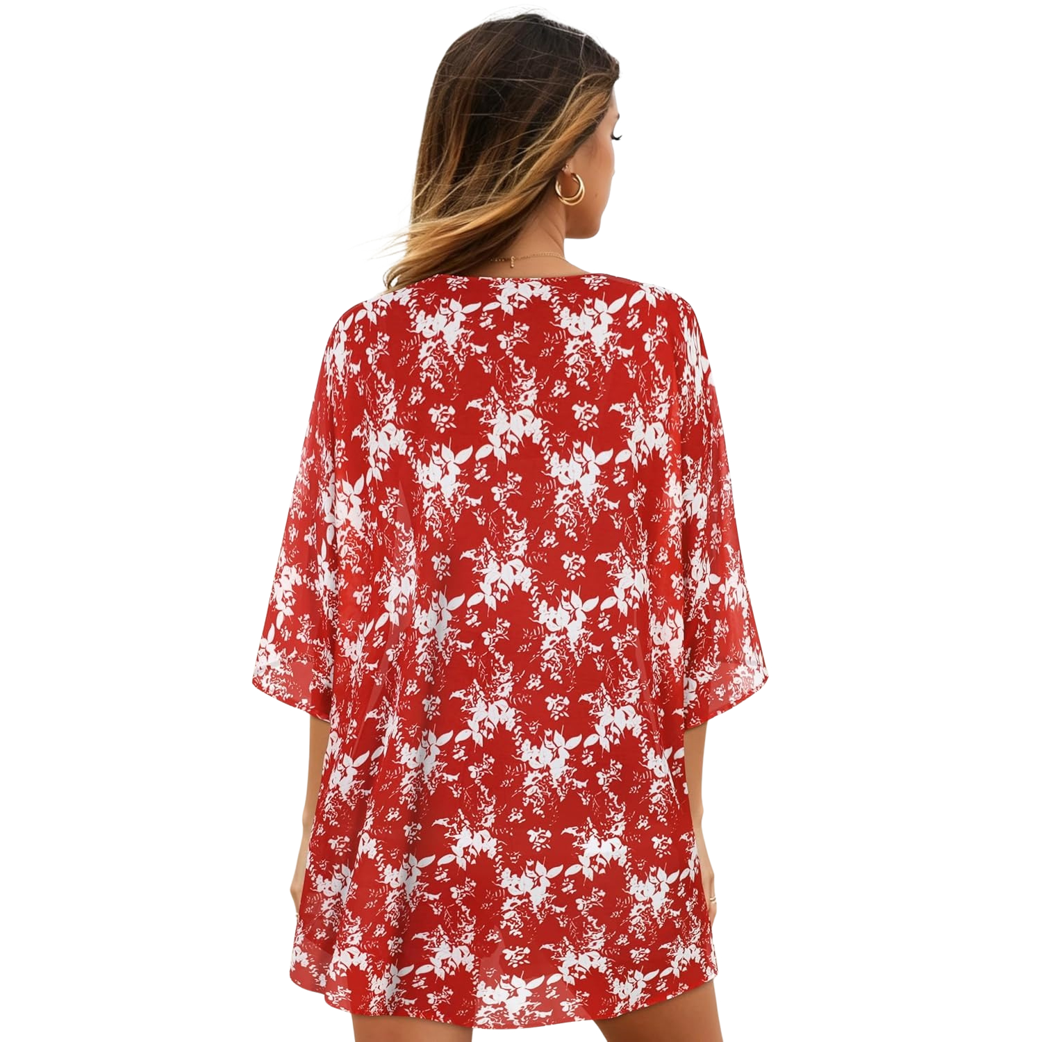 Women Floral Print Puff Sleeve Kimono Cardigan Loose Cover Up Casual Blouse Tops
