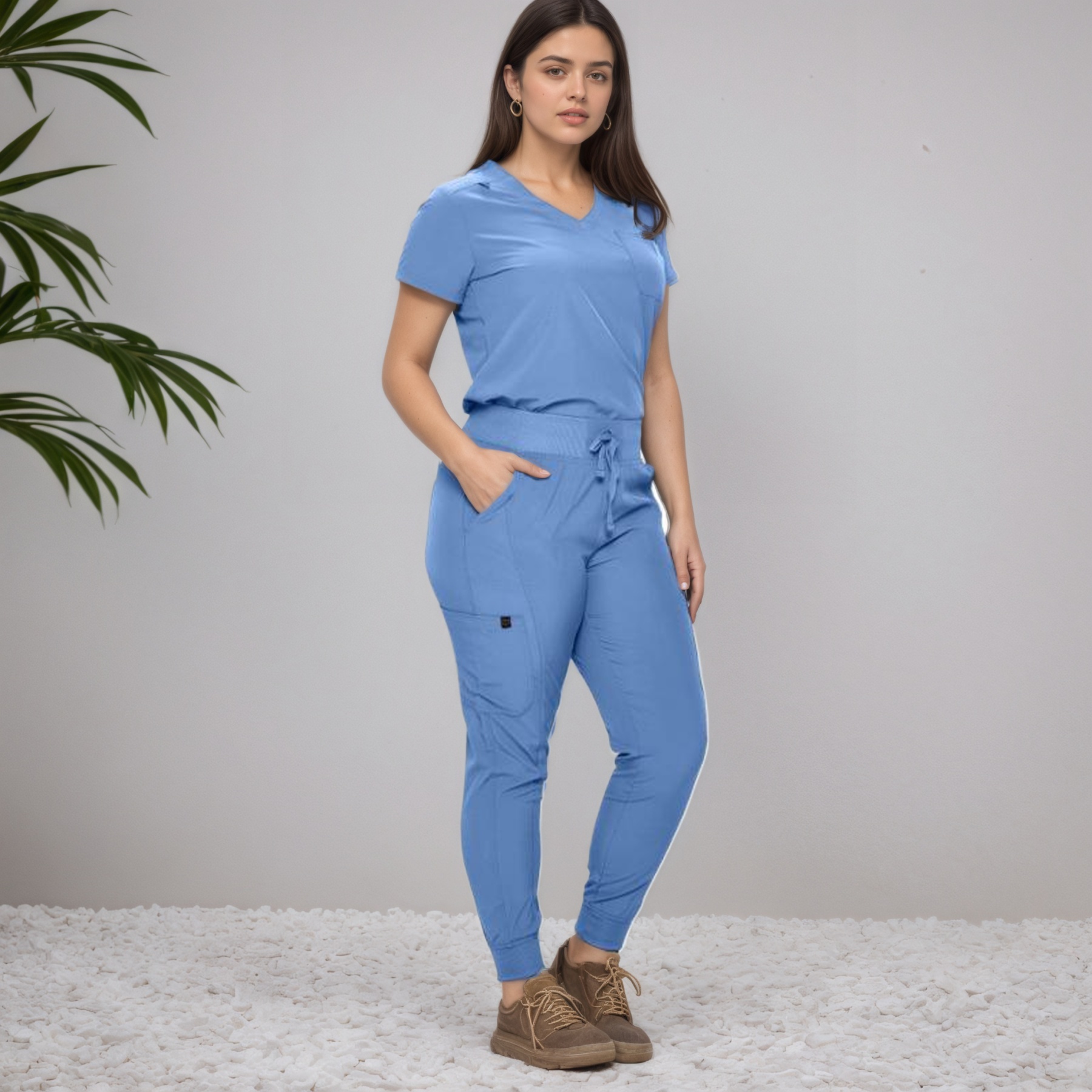 Women Stretchy Jogger Scrub Set With Tuck In Top