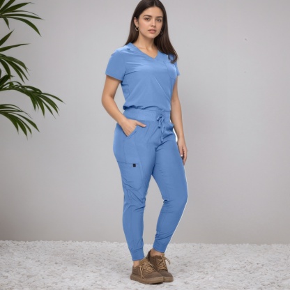 Women Stretchy Jogger Scrub Set With Tuck In Top