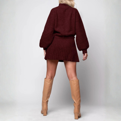2 Piece Ribbed Knit Puff Sleeve Sweater Top And Mini Skirt Outfit Set
