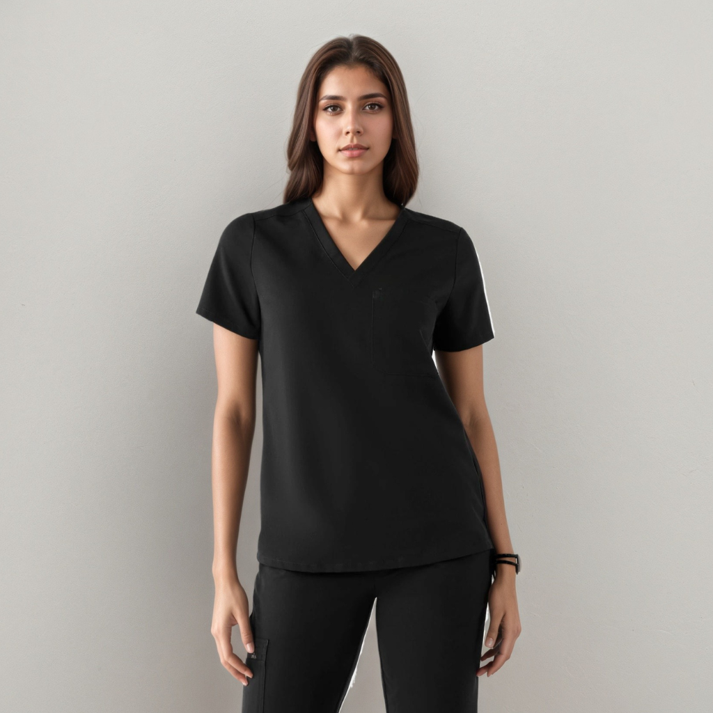 Classic Women Scrub Top With Short Sleeves And Single Pocket