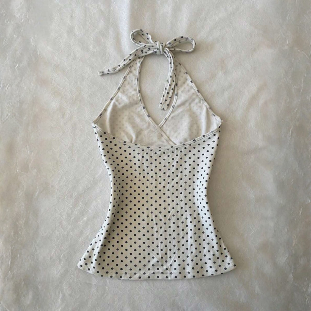Polka Dot Digital Print Halter Neck Tie Back Tank Tops