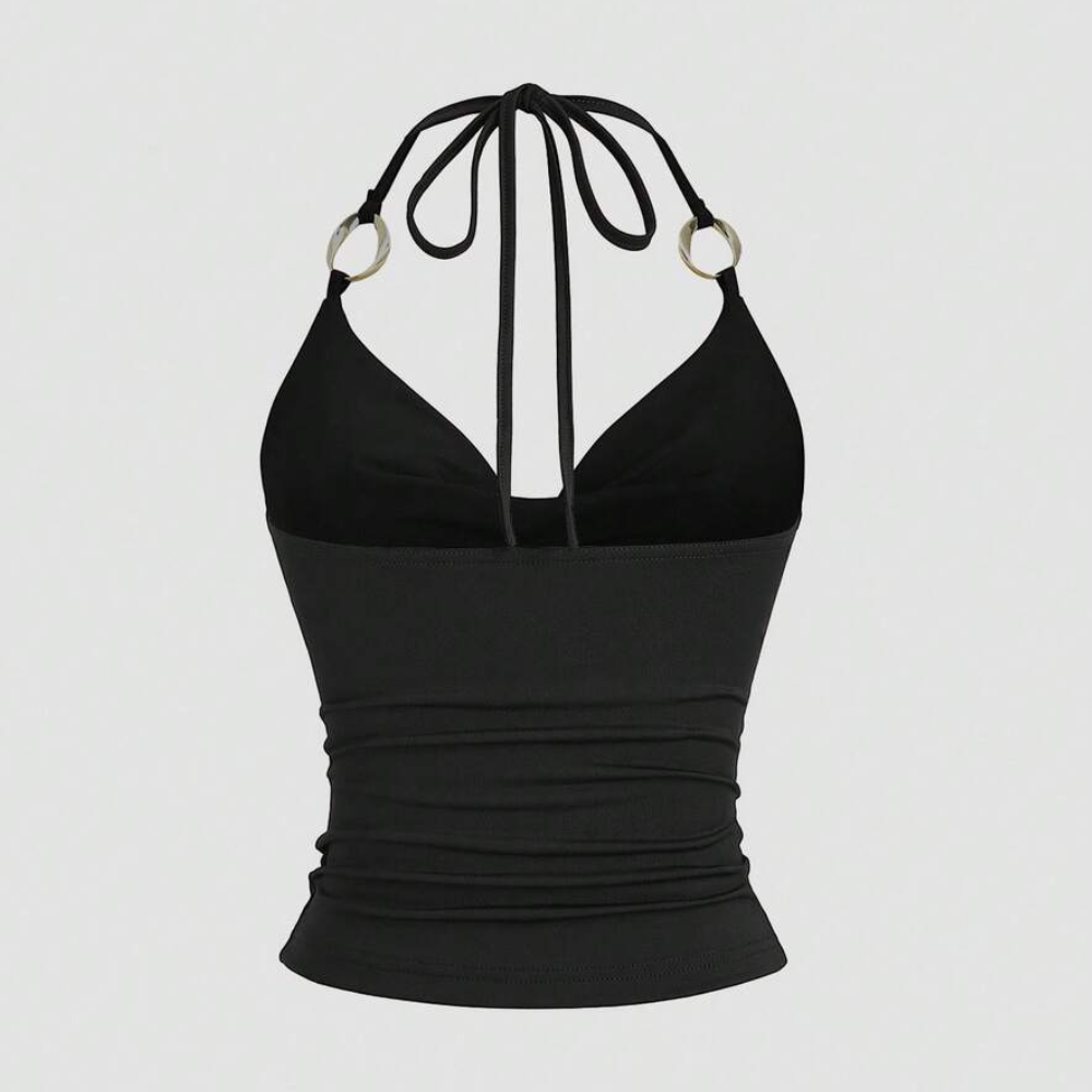 Ring Decor Draped Neck Tie Strap Tank Top