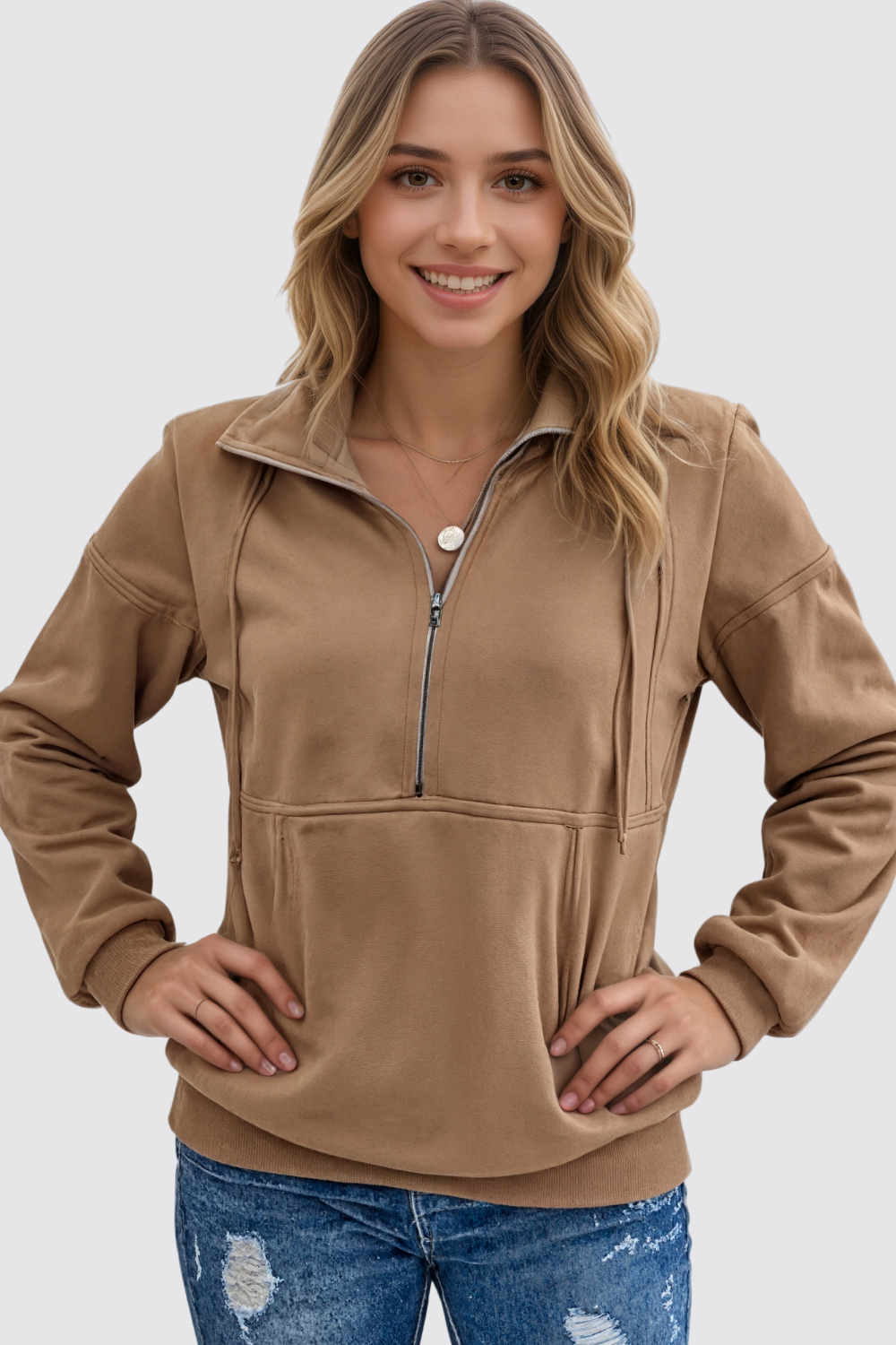 Casual Long Sleeve Lapel Zipper Drawstring Loose Pullover Sweatshirt