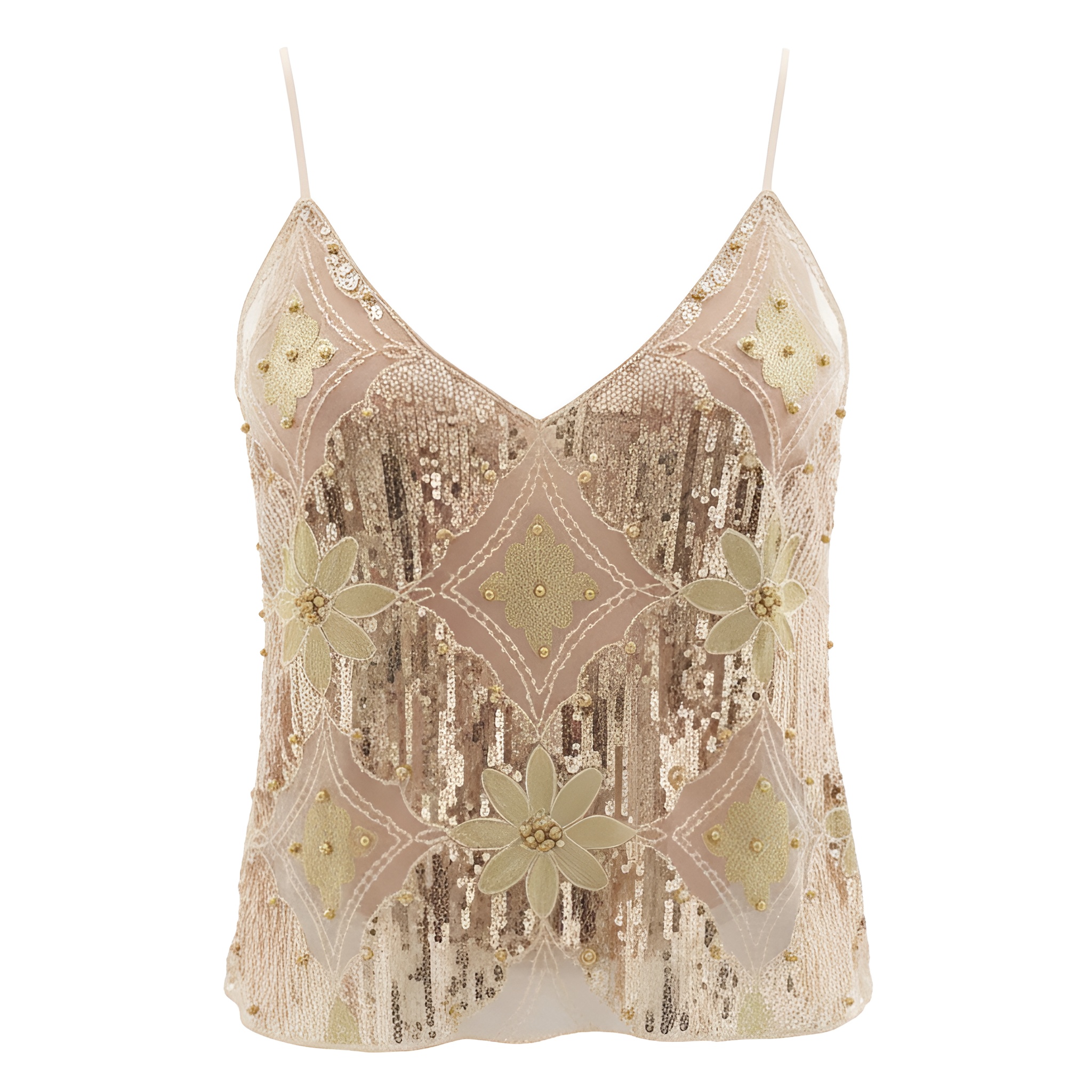 Floral Sequin Beaded Mesh Camisole Top For Women