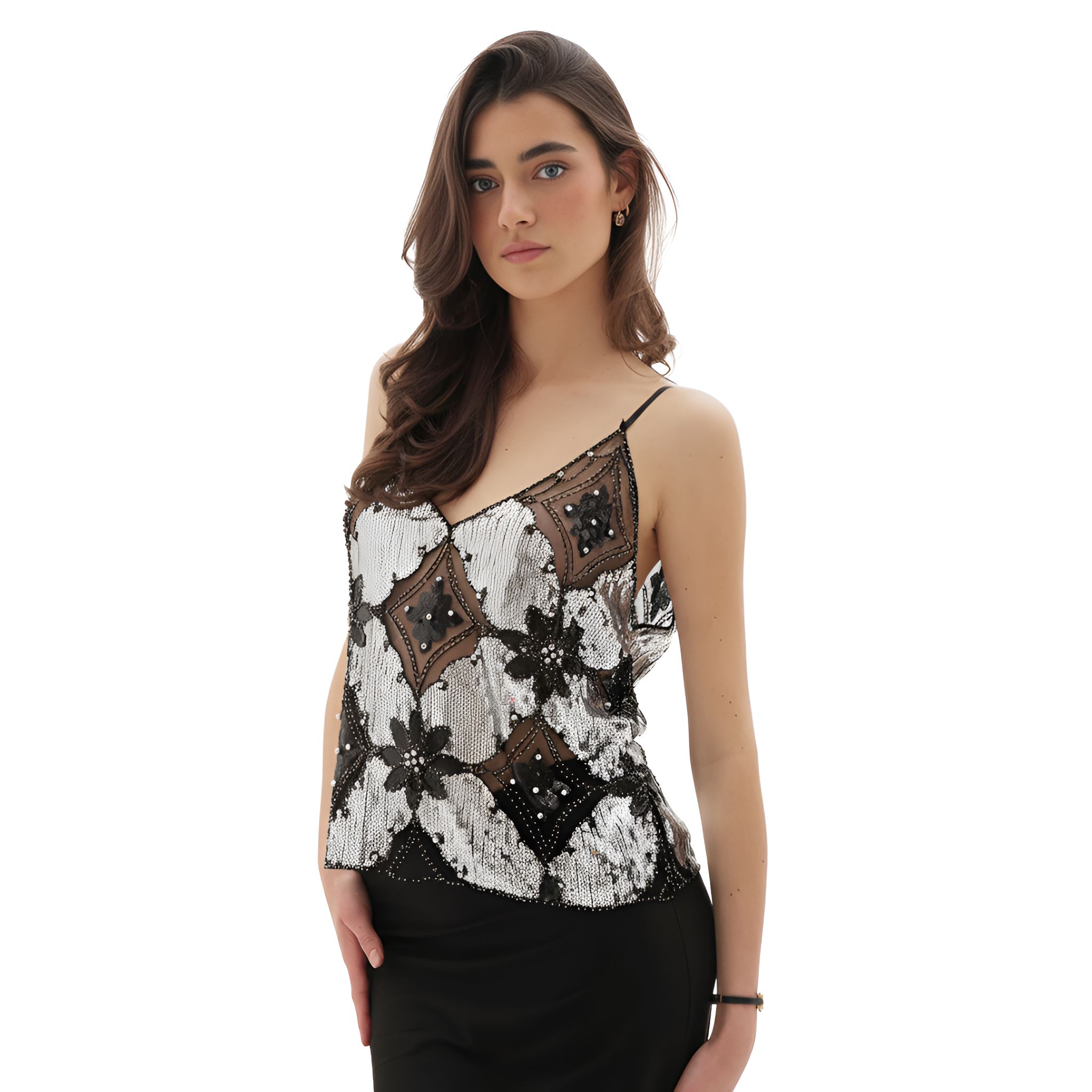 Sleeveless Party Top With Floral Sequin Pattern And Mesh Detail