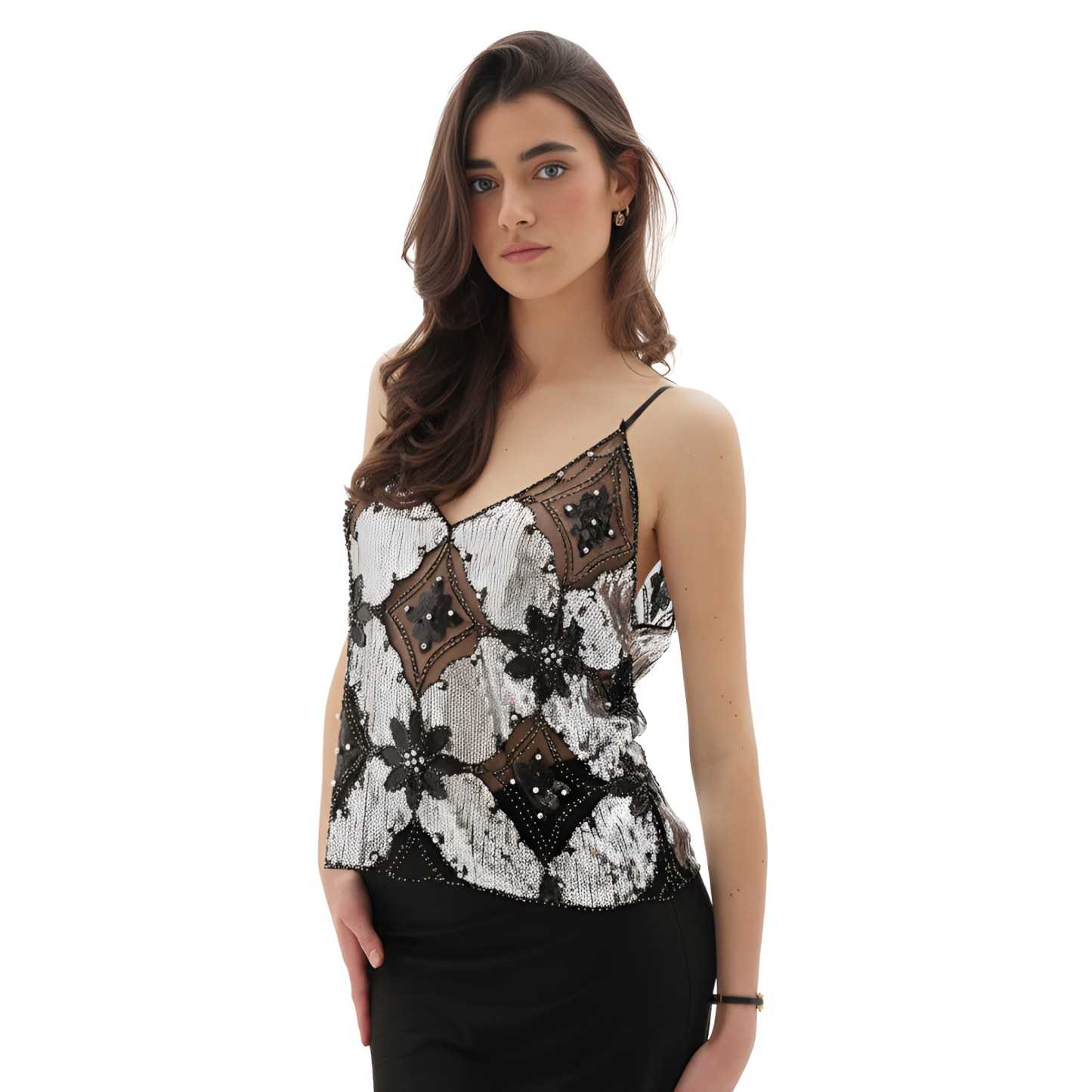 Sleeveless Party Top With Floral Sequin Pattern And Mesh Detail