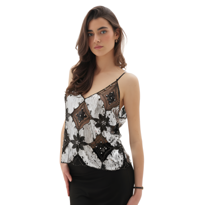 Sleeveless Party Top With Floral Sequin Pattern And Mesh Detail