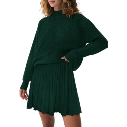Women's Two Piece Outfits Turtleneck Long Sleeve Ribbed Knit Tops Pleated Mini Skirt 2026 Casual Sweater Sets