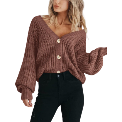 Women's Chunky Knit Open Front Sweater Long Sleeve Button Loose Short Cardigan Outerwear Coats