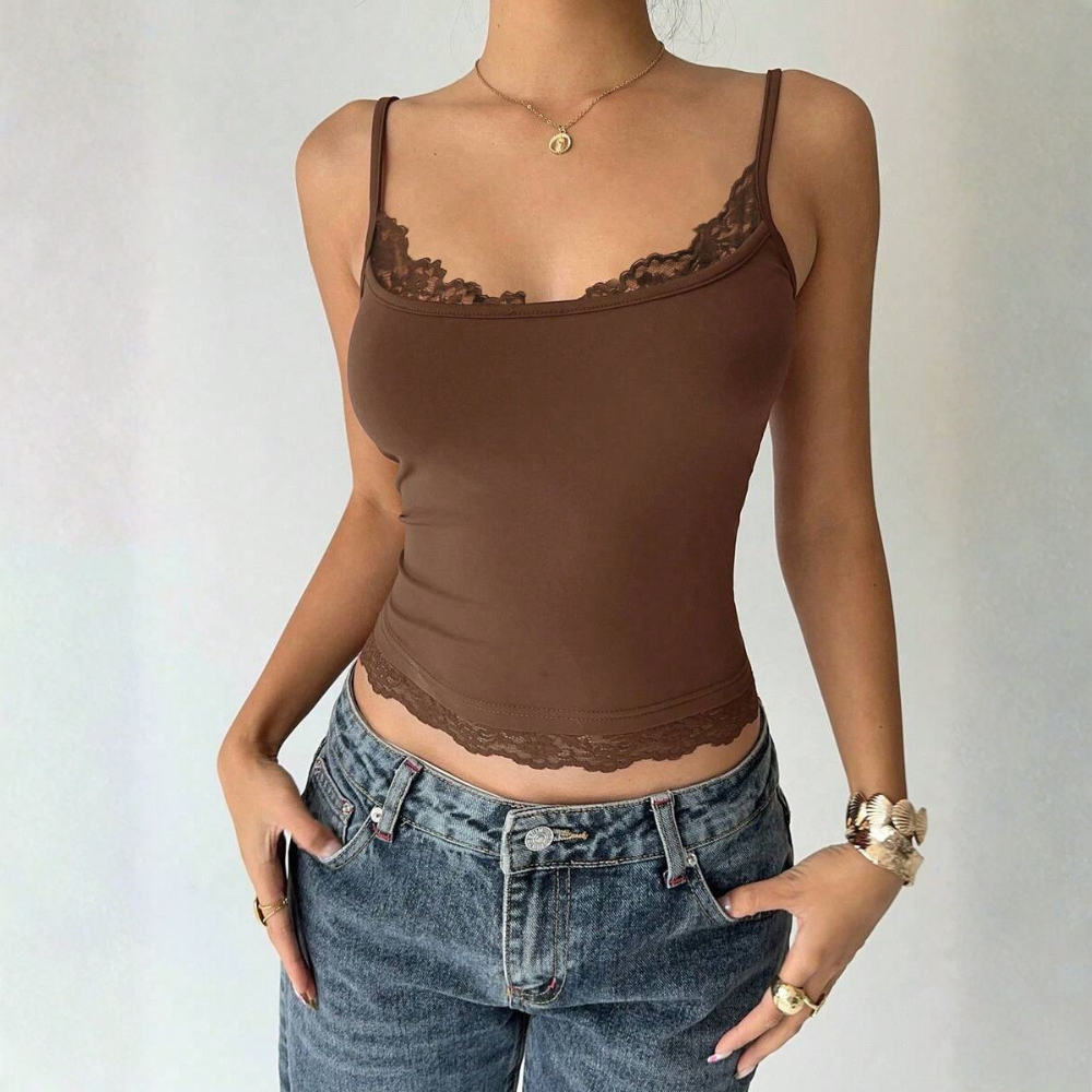 Casual Solid Contrast Lace Fitted Camisole Summer For Women