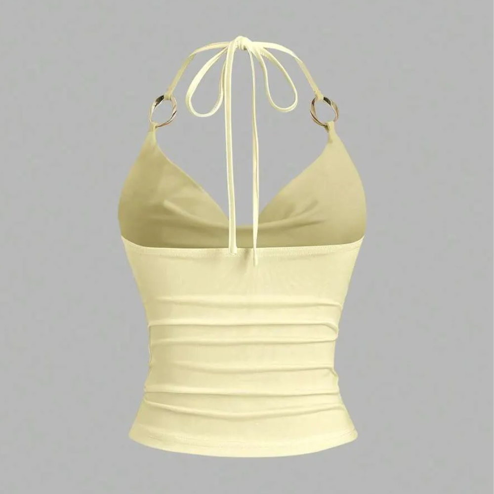 Ring Decor Draped Neck Tie Strap Tank Top