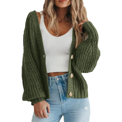 Women's Chunky Knit Open Front Sweater Long Sleeve Button Loose Short Cardigan Outerwear Coats