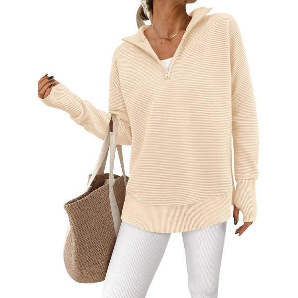 Womens Long Sleeve Quarter Zip Pullover Sweater Casual Loose V Neck Collared Ribbed Knit Jumper Tops Thumb Hole