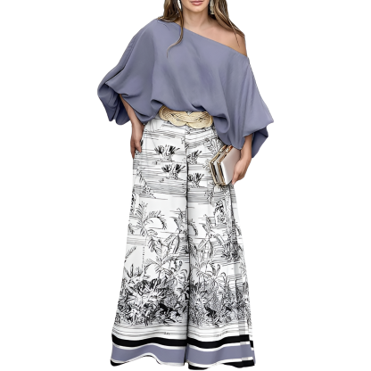 Two Piece Set With Flowy Pants And Top For Women