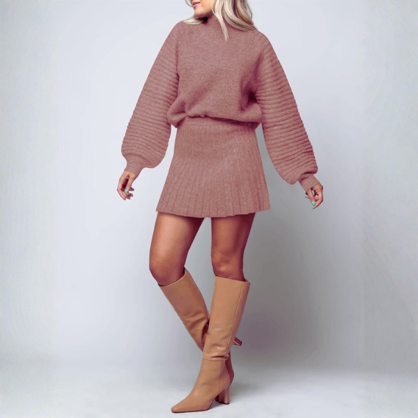 2 Piece Ribbed Knit Puff Sleeve Sweater Top And Mini Skirt Outfit Set