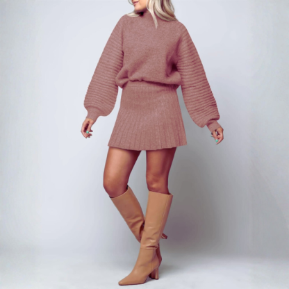 2 Piece Ribbed Knit Puff Sleeve Sweater Top And Mini Skirt Outfit Set