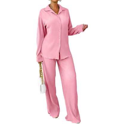 2 Piece Button Down Shirt And Pleated Pants Set For Women