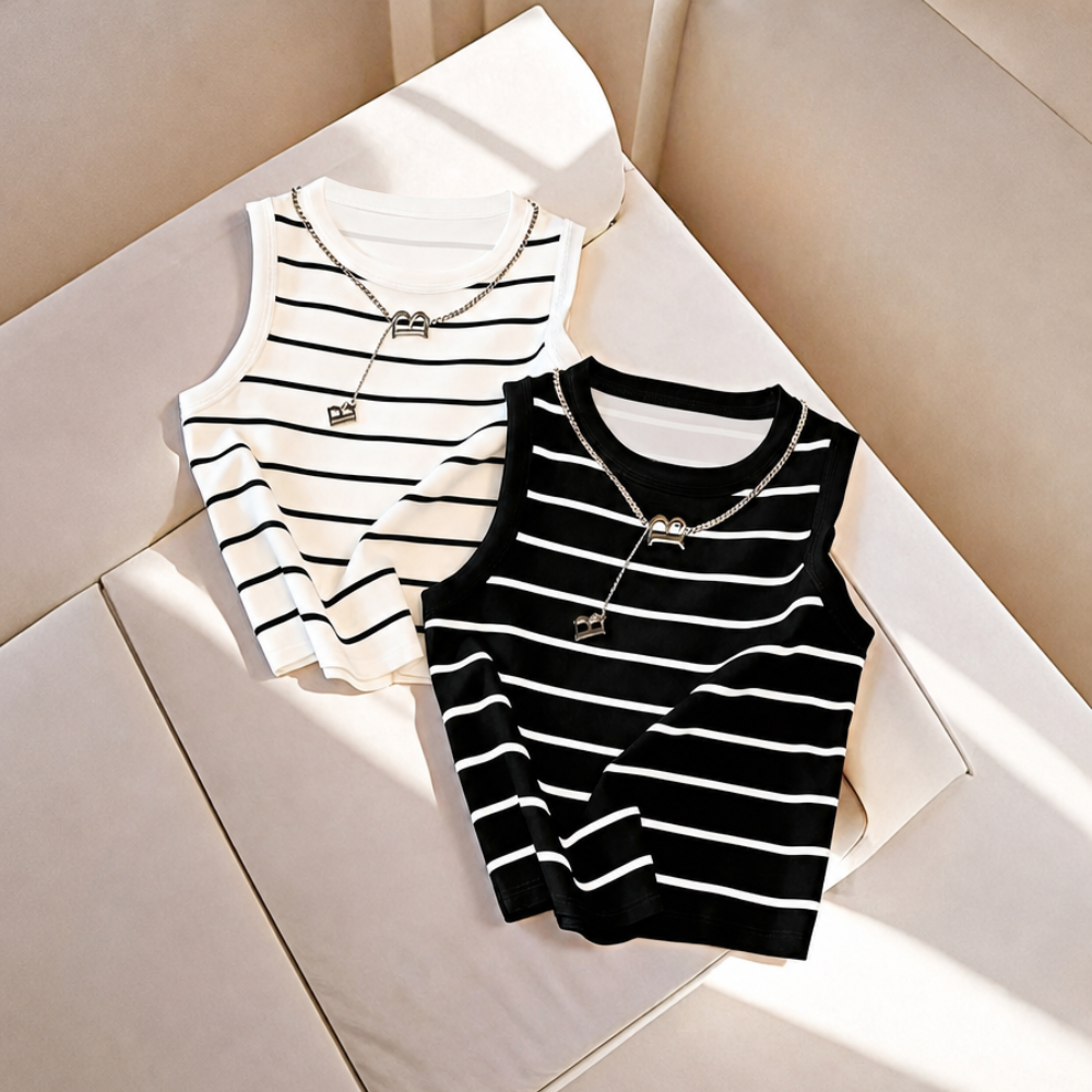 Pack Of 2 Casual Versatile Striped Vest Set For Women