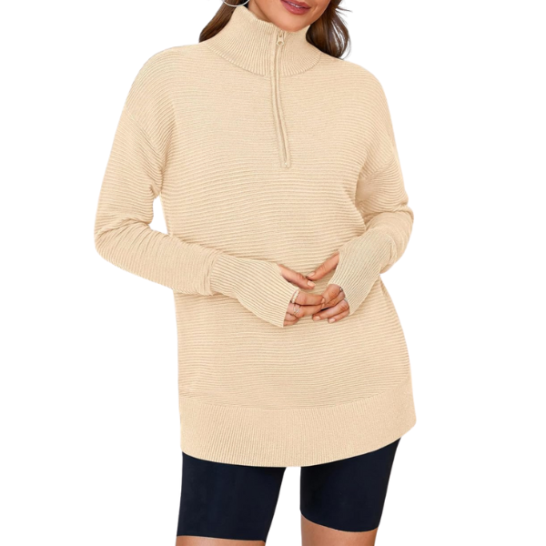 Womens Long Sleeve Quarter Zip Pullover Sweater Casual Loose V Neck Collared Ribbed Knit Jumper Tops Thumb Hole