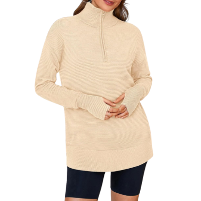 Womens Long Sleeve Quarter Zip Pullover Sweater Casual Loose V Neck Collared Ribbed Knit Jumper Tops Thumb Hole
